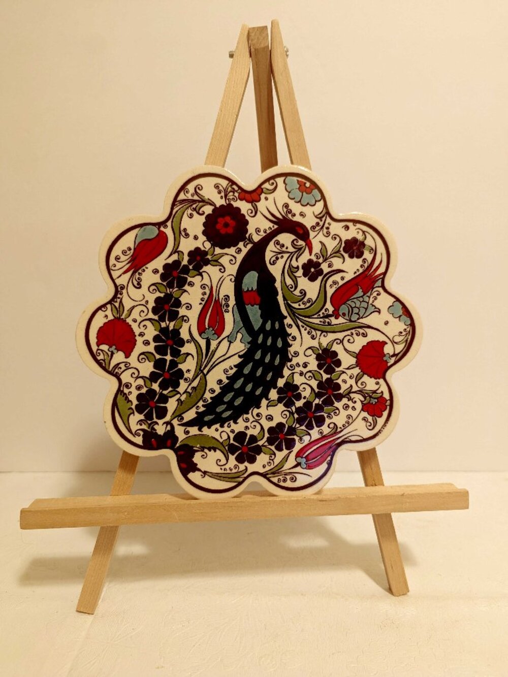 Hand-Painted Peacock Ceramic Trivet Turkish Iznik Style